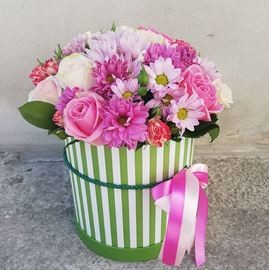 Box of roses and chrysanthemums