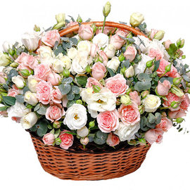 Basket with Rosebushes, Lysianthus and Eucalyptus