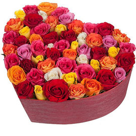 55 Colorful Roses in a Heart-Shaped Box
