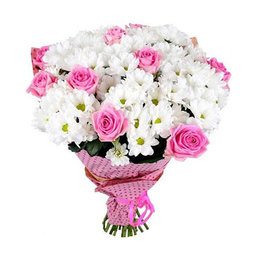 Букет из 9 Розовых Роз и 5 Белых Хризантем