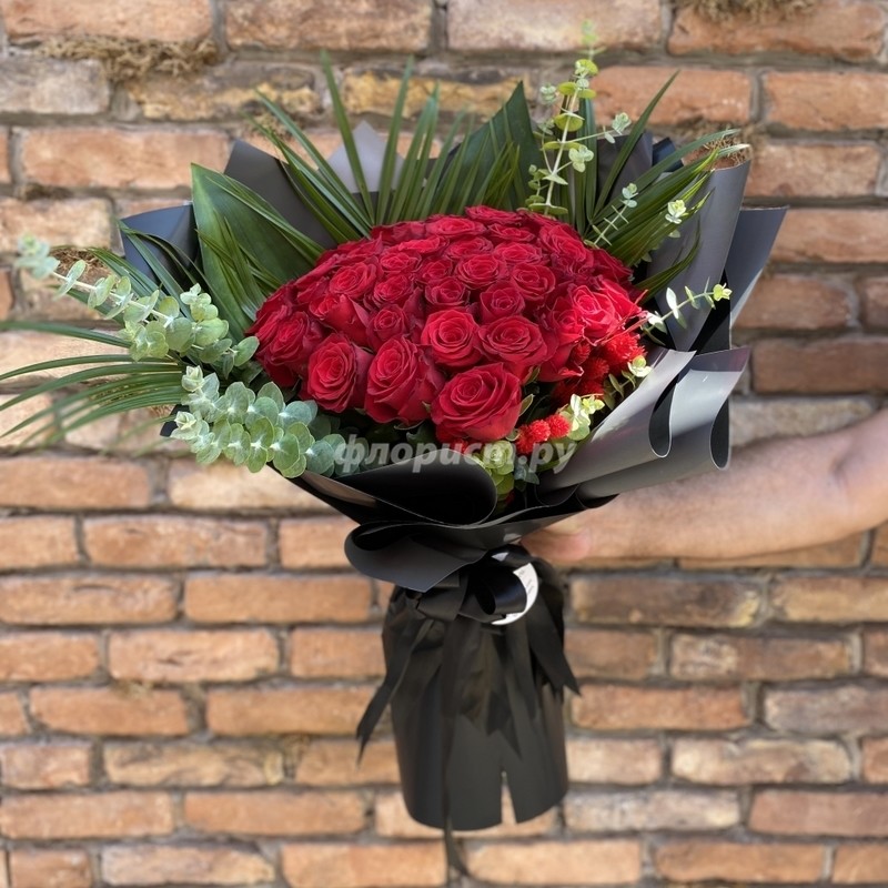 41 Local Roses with Greenery in a Black Package, standard