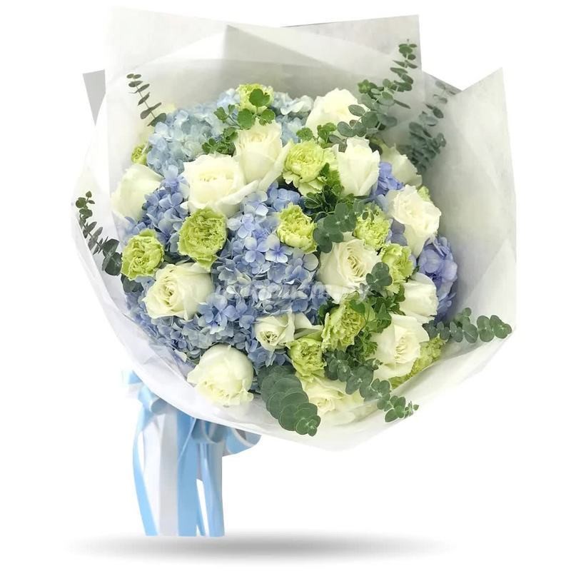 Classic Bouquet of Blue Hydrangea and White Roses, standard
