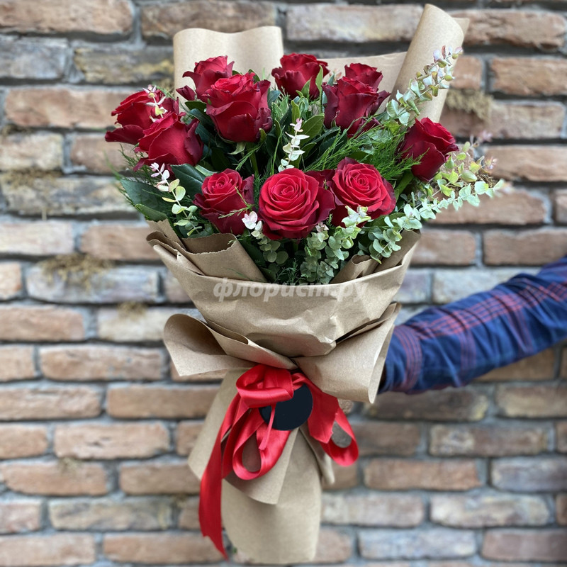 Bouquet of 11 Red Roses with Greenery, standard
