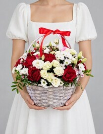 Basket with roses and eustoma "Scarlet bow"