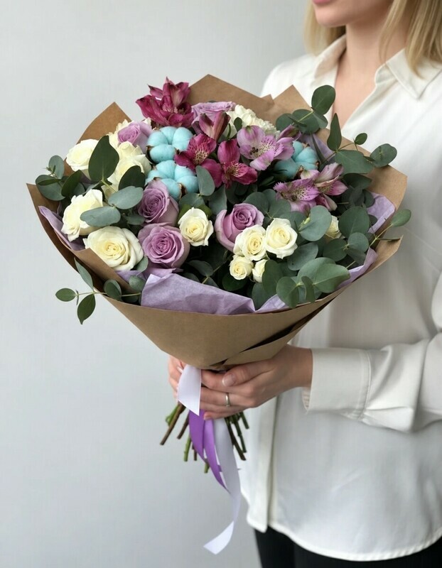 Bouquet with roses and cotton "Trembling love", standart