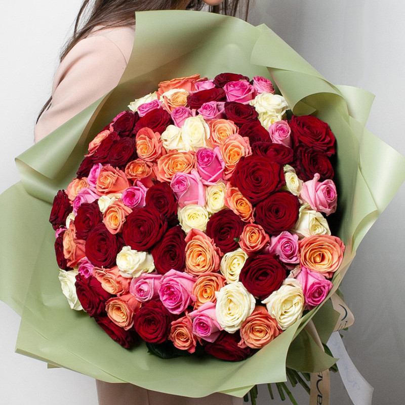 Разноцветные розы 101 шт. (40 см), стандартный