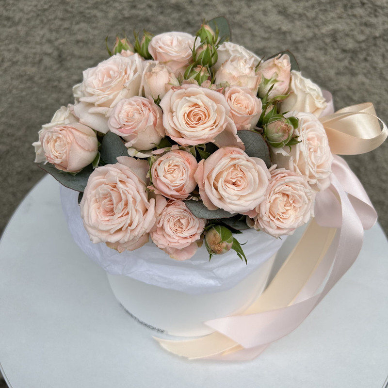 Peony roses and eucalyptus in a box, standart