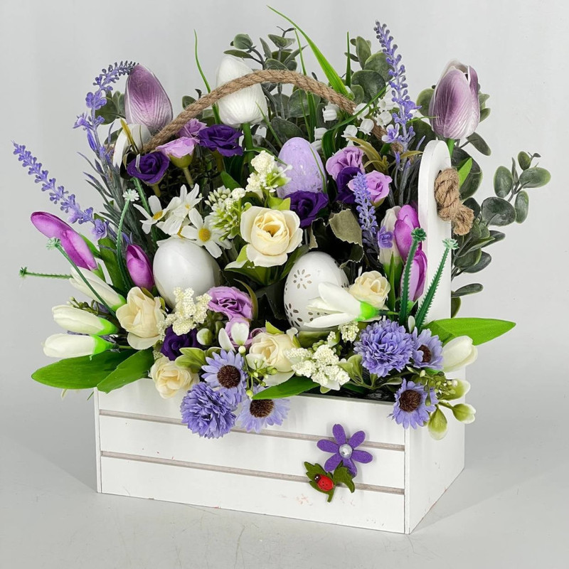 Easter bouquet of artificial flowers in a wooden box, standart