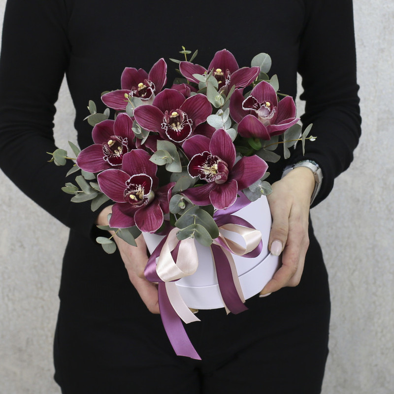 7 burgundy orchids with eucalyptus in a box "Mini Wine Butterflies", standart