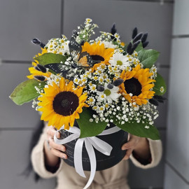Flowers in a box of sunflowers and daisies with gypsophila