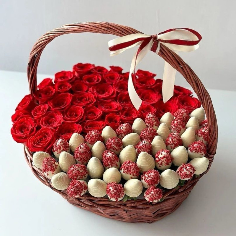 Basket of roses and chocolate covered strawberries, standart