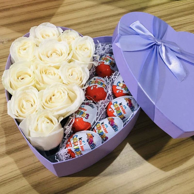 White roses in a box with kinders, standart