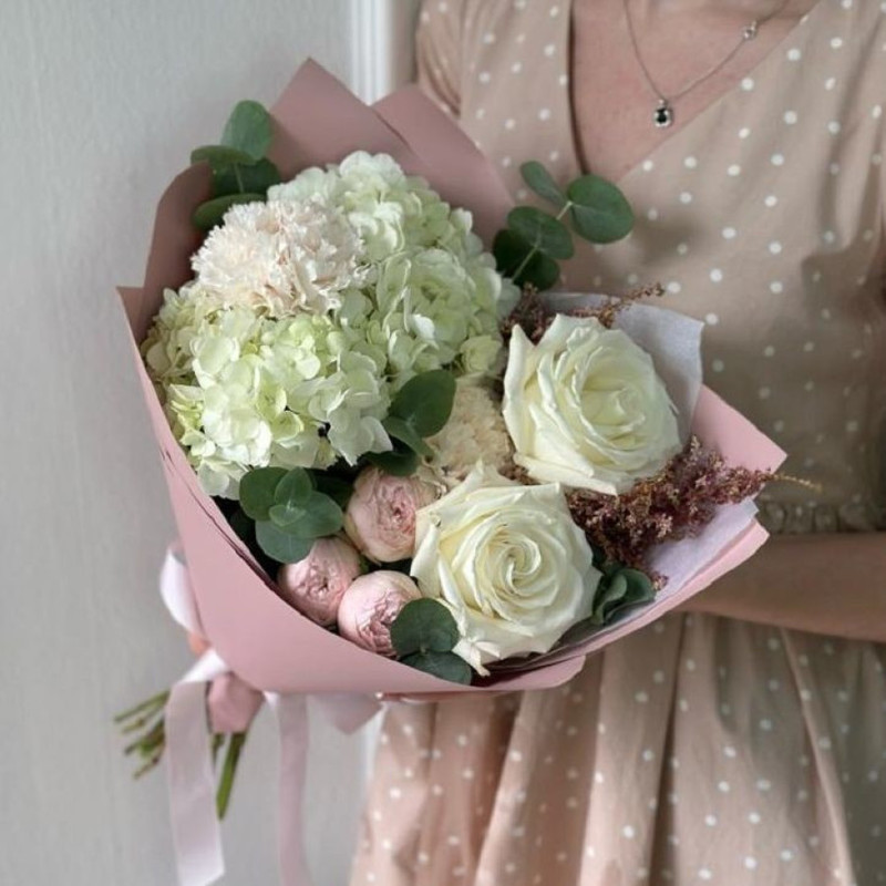 Delicate bouquet of white hydrangea with spray peony rose, standart