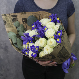 Bouquet of peony roses and irises "Scarlett"