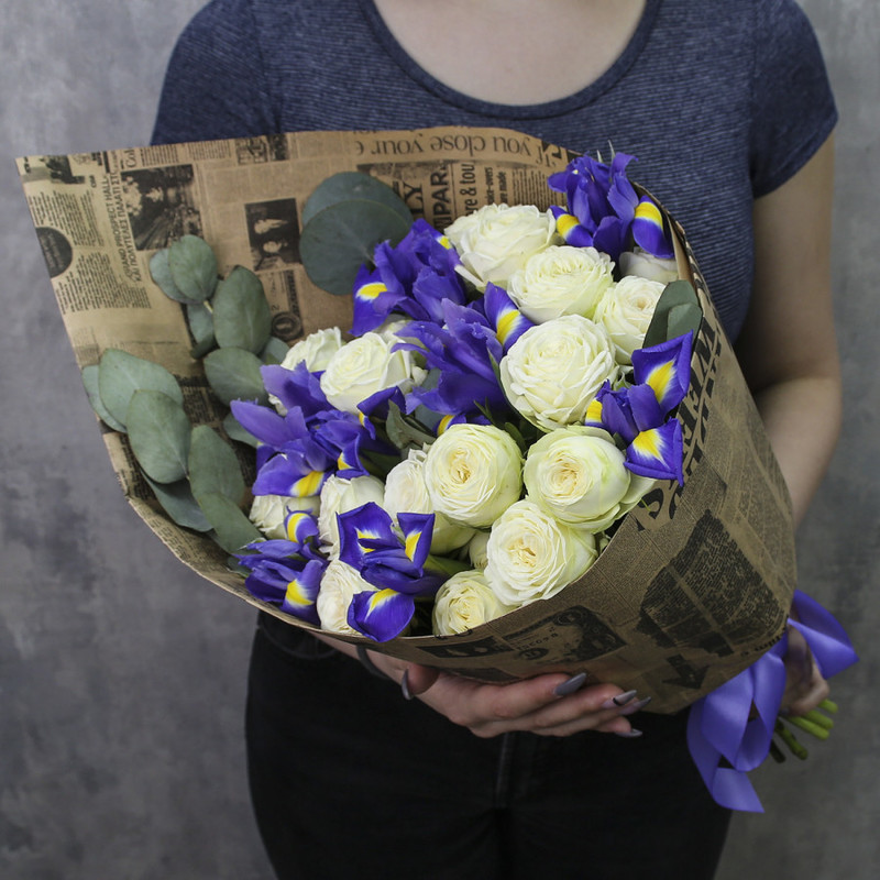 Bouquet of peony roses and irises "Scarlett", standart