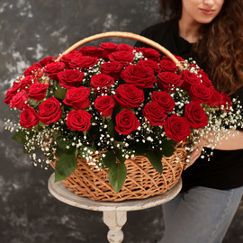 51 роза "Red Naomi" в корзине с гипсофилой
