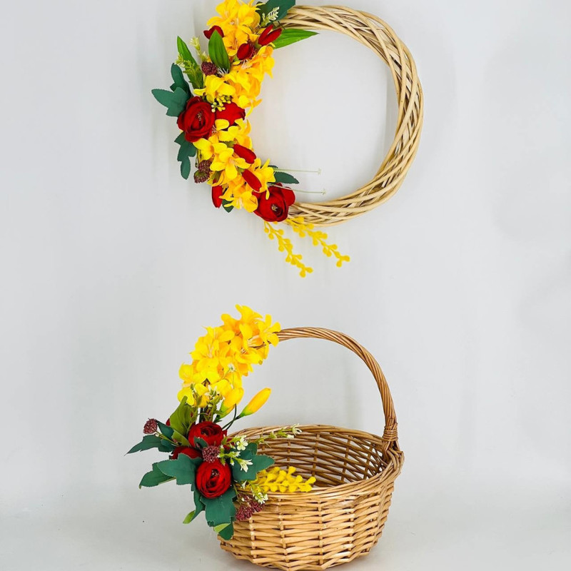 Easter decor composition 2 in 1 wreath and basket with artificial flowers, standart