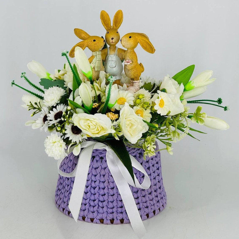 Easter bouquet of artificial flowers with bunnies, standart