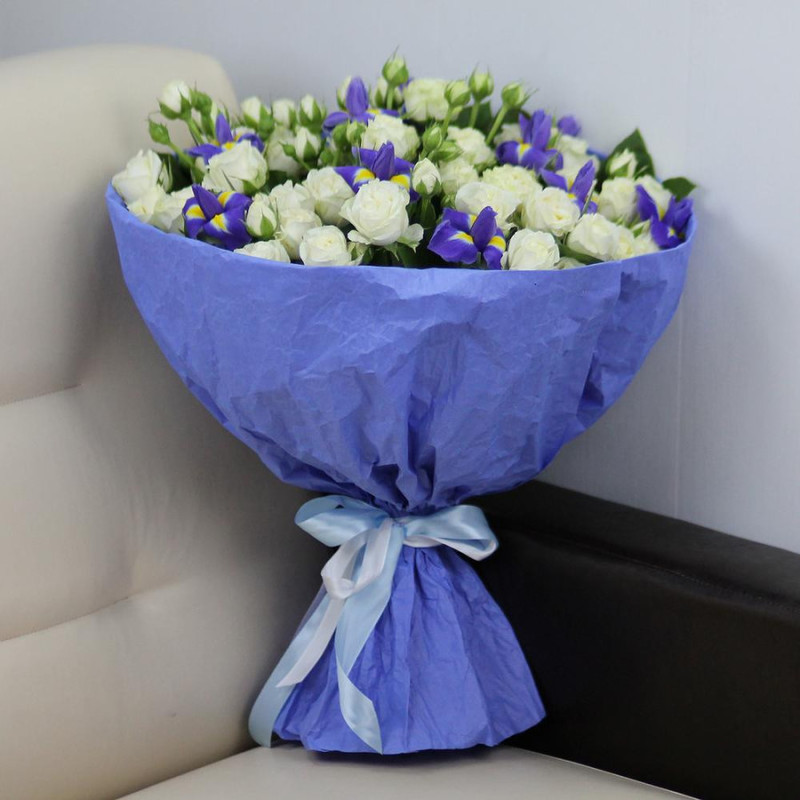 Blue irises and white spray roses, standart