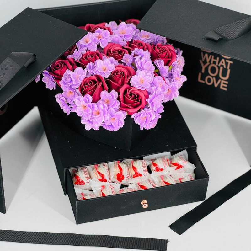 Composition of soap rose flowers in a box with a surprise, standart