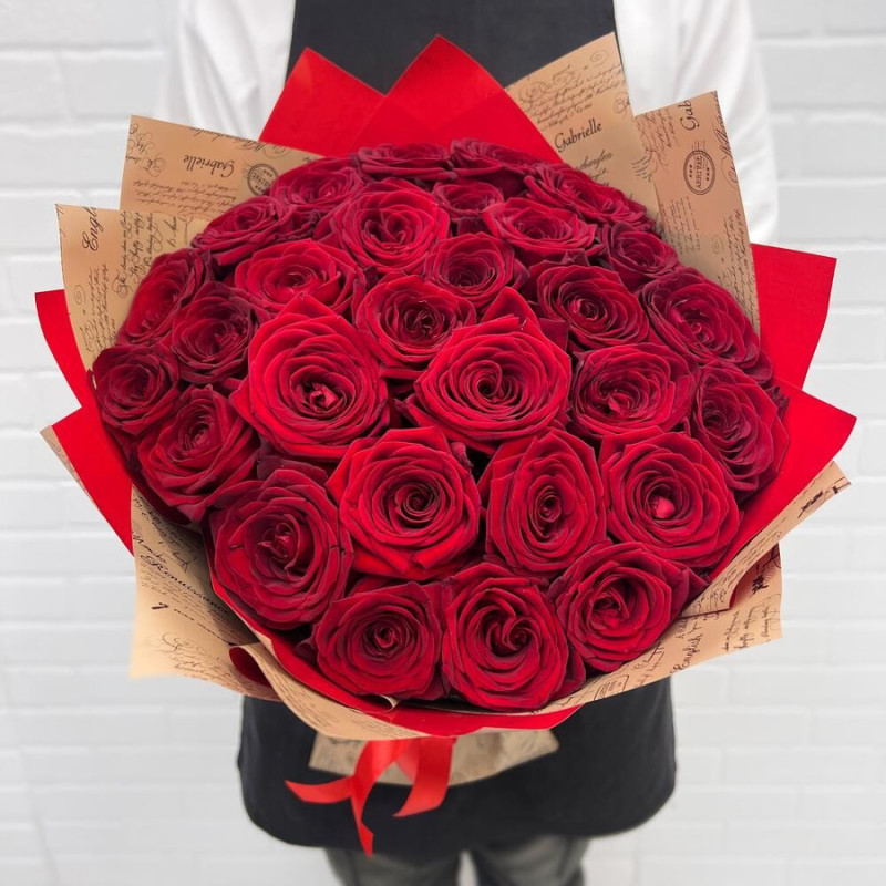 Bouquet of 29 red roses in designer decoration 50 cm, standart