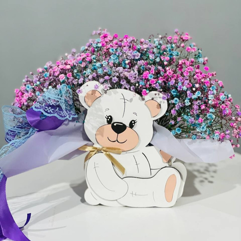 Bouquet of rainbow gypsophila in a flowerpot "Teddy bear", standart