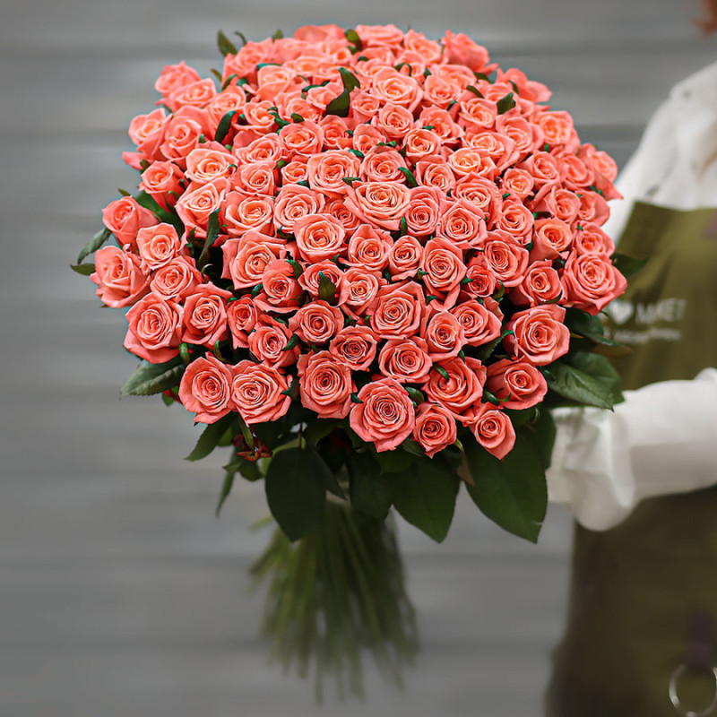 Bouquet of 101 coral roses (Russia) with 60 cm ribbon, standart