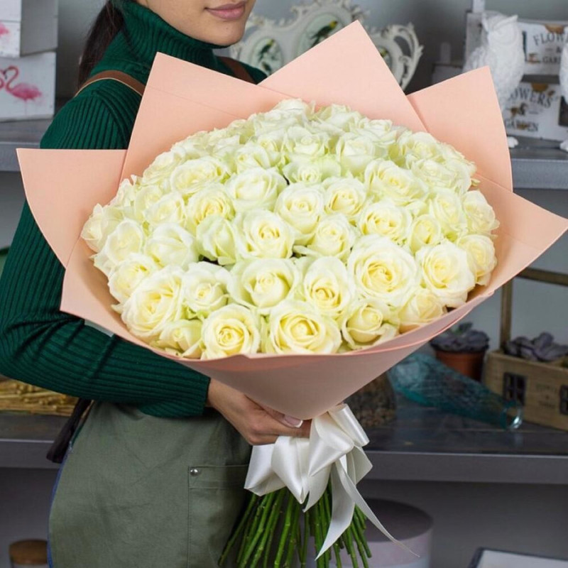 51 snow-white roses 60 cm in designer packaging, standart