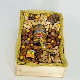 New Year's gift box with coffee and nuts mix