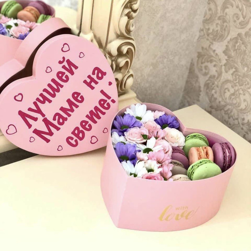 Gift box with flowers and macaroons for mom, standart