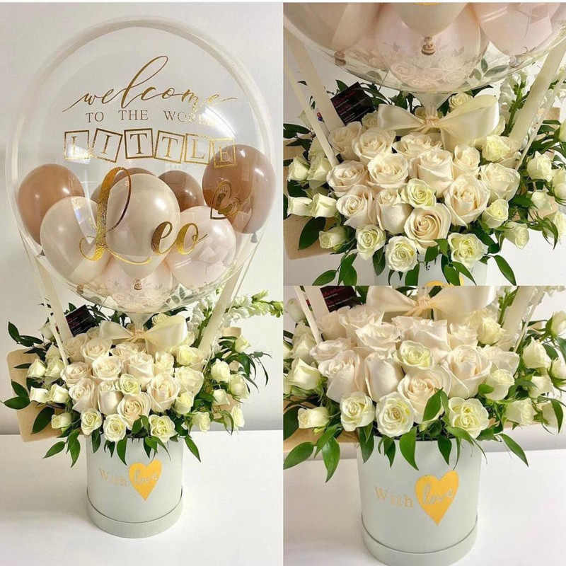 White roses bouquet with balloon for extract, standart