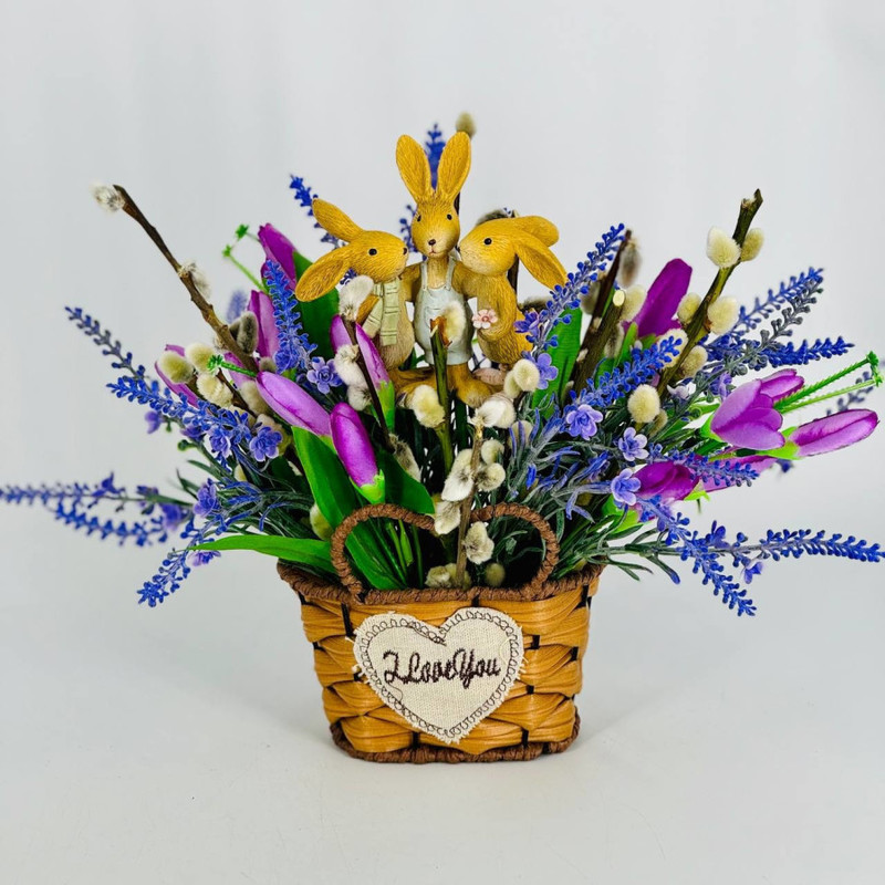 Easter composition of artificial flowers with willow, standart