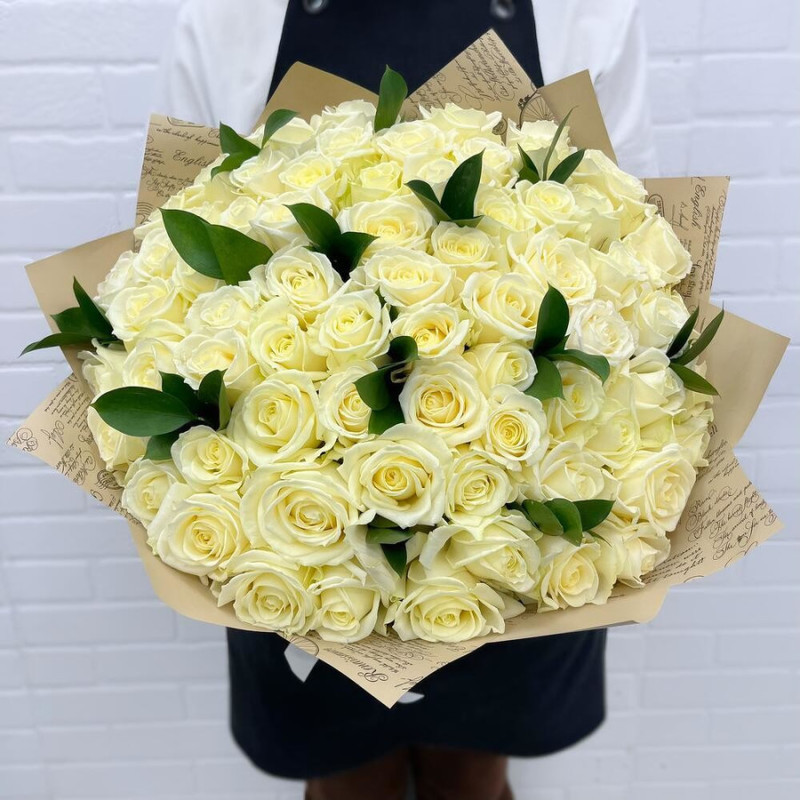 Bouquet of 71 white roses with greenery in designer decoration 50 cm, standart