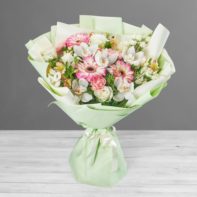 Bouquet of delicate gerberas, white orchids and eustoma, standart