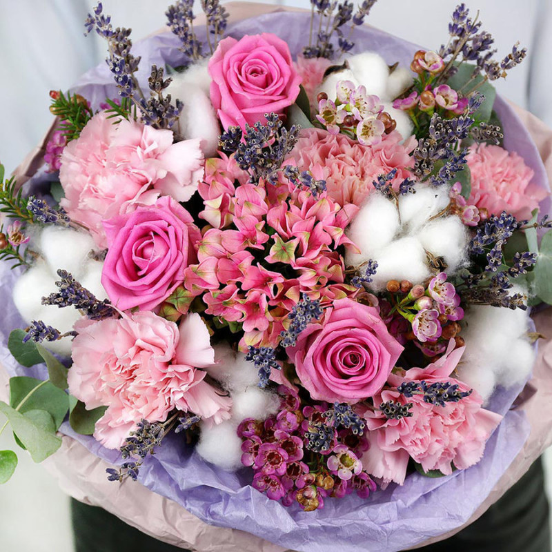 Stylish bouquet of roses and carnations with lavender and cotton, standart