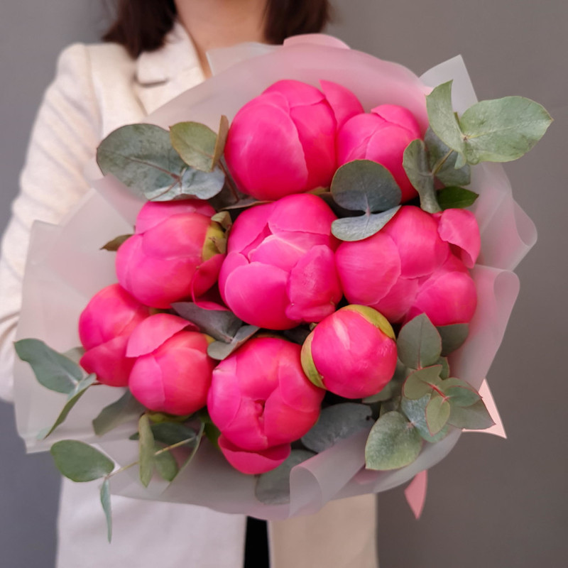 9 peonies Coral Charm with eucalyptus, standart