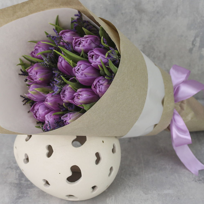 Bouquet of 15 tulips "Lilac peony tulips Double Price with limonium", standart