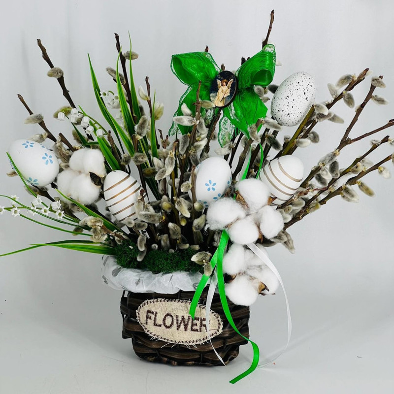 Easter bouquet of natural willow in a wicker flower pot, standart