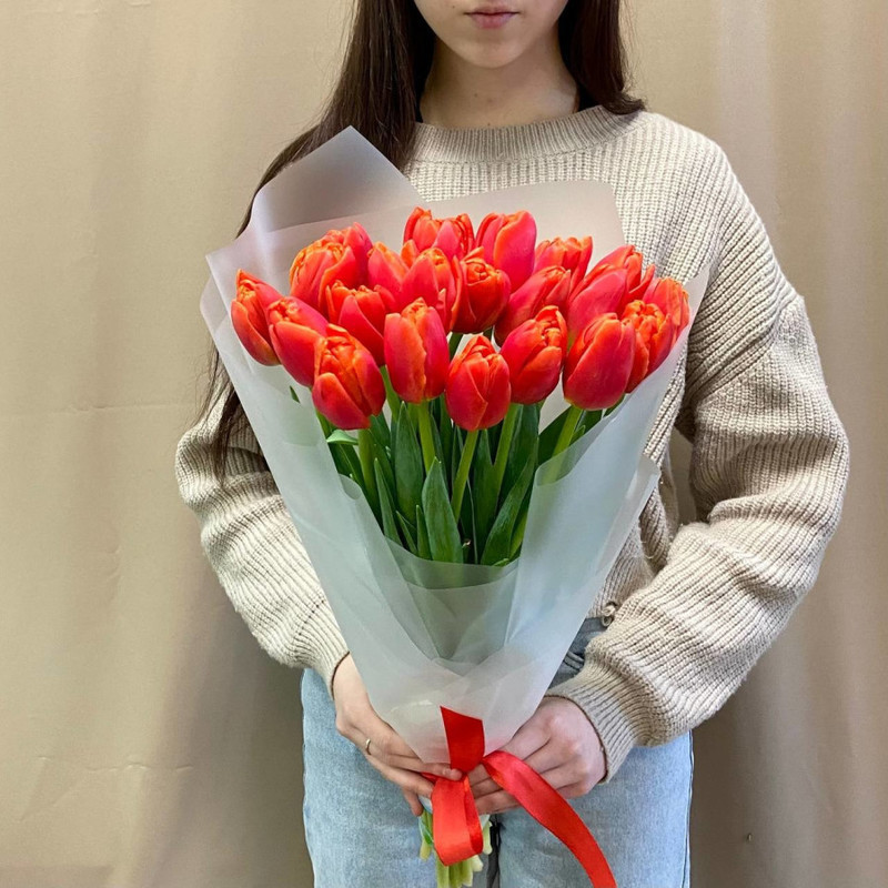 Monobouquet of 21 orange tulips in a package, standart