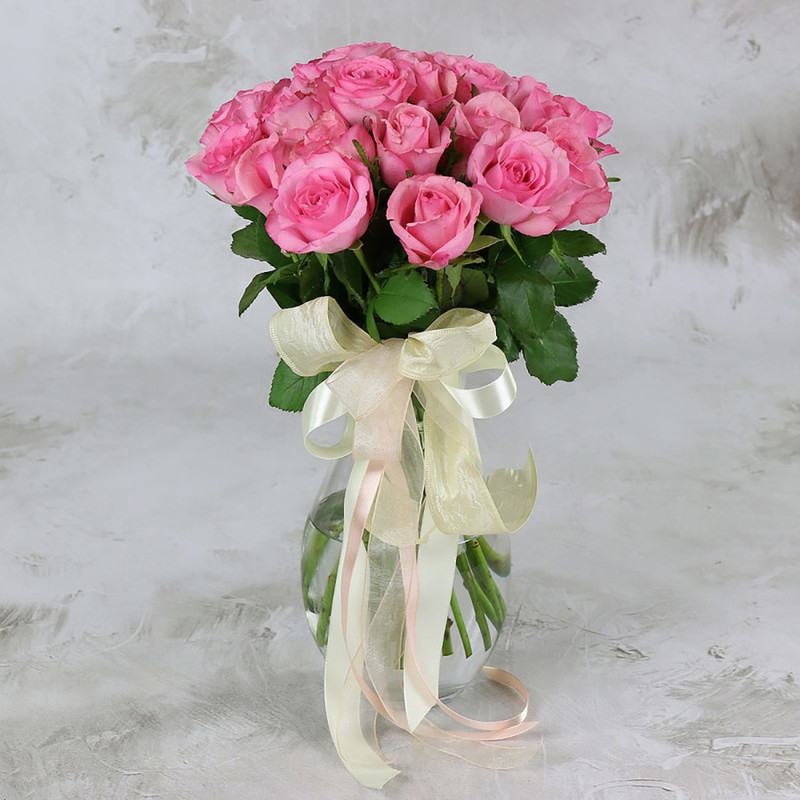 Bouquet of 25 pink roses with ribbon 40 cm, premium