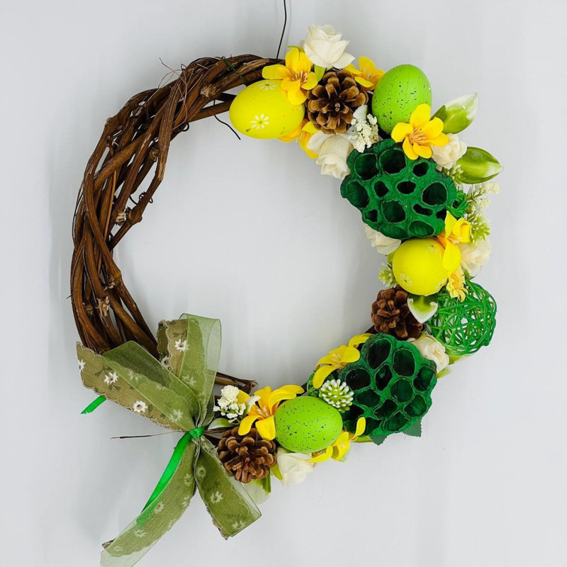 Wreath made of natural wicker with artificial flowers Easter decor, standart