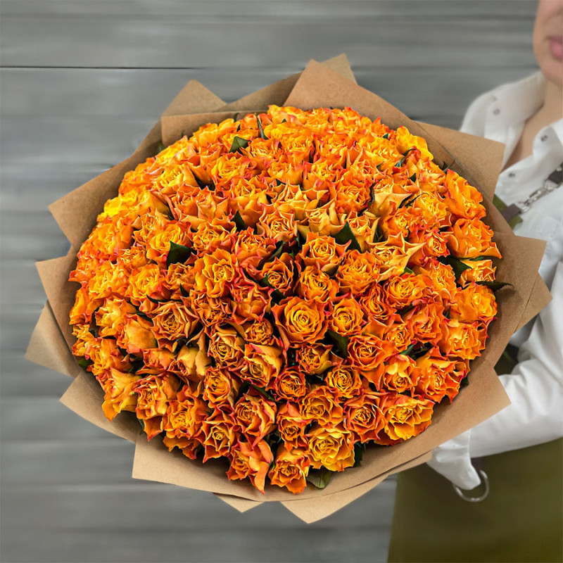 Bouquet of 101 orange roses 40 cm in craft, standart