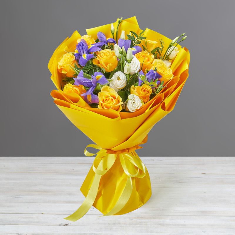 Bright yellow bouquet of irises and roses, standart
