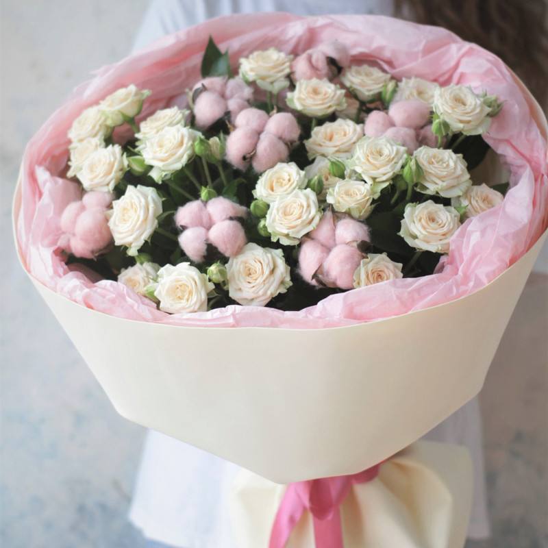 Bouquet of roses "Tatiana" and cotton, standart
