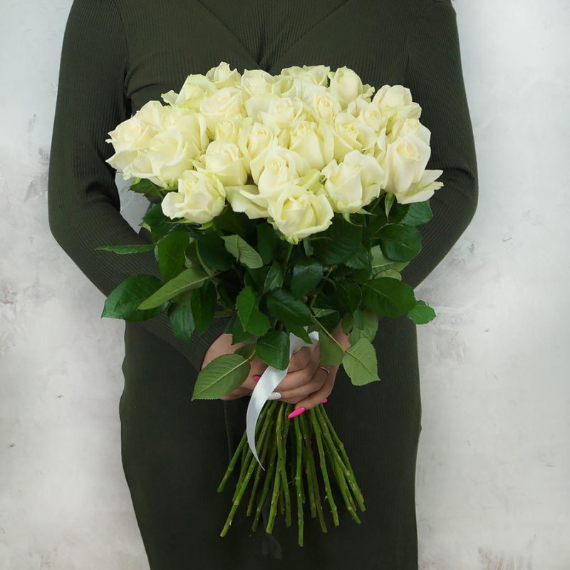 25 white roses with ribbon, standart