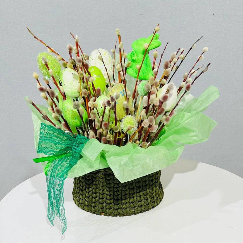 Easter composition of willow in a knitted pot, standart