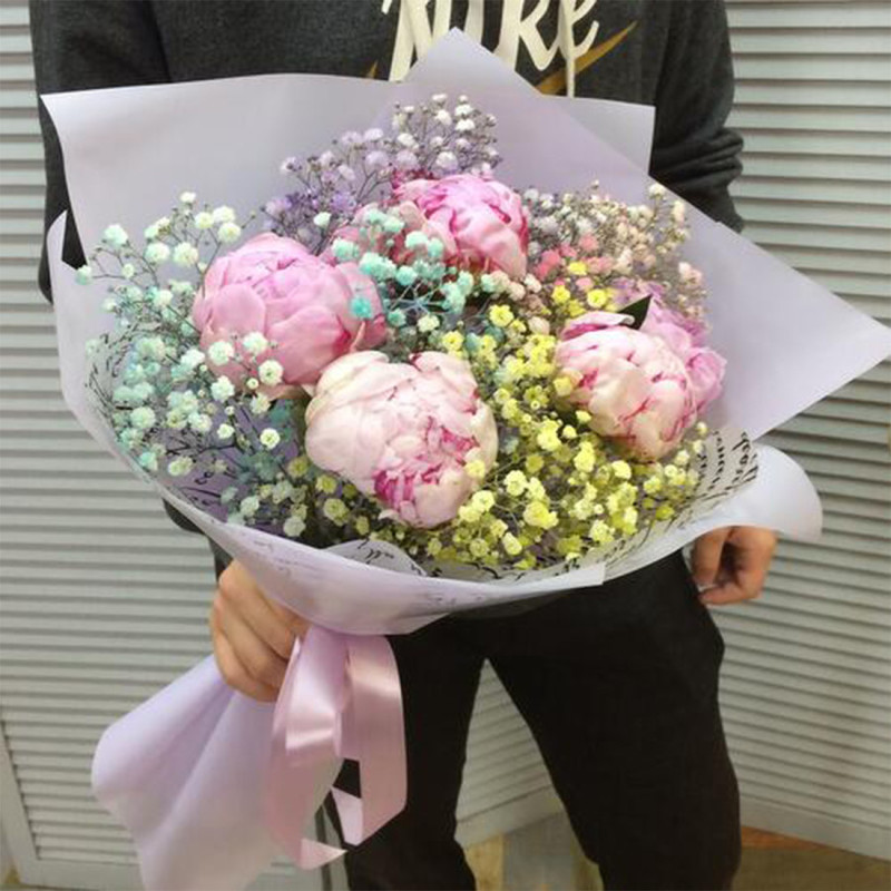 Bouquet of peonies with rainbow gypsophila "Surprise for your beloved!", standart