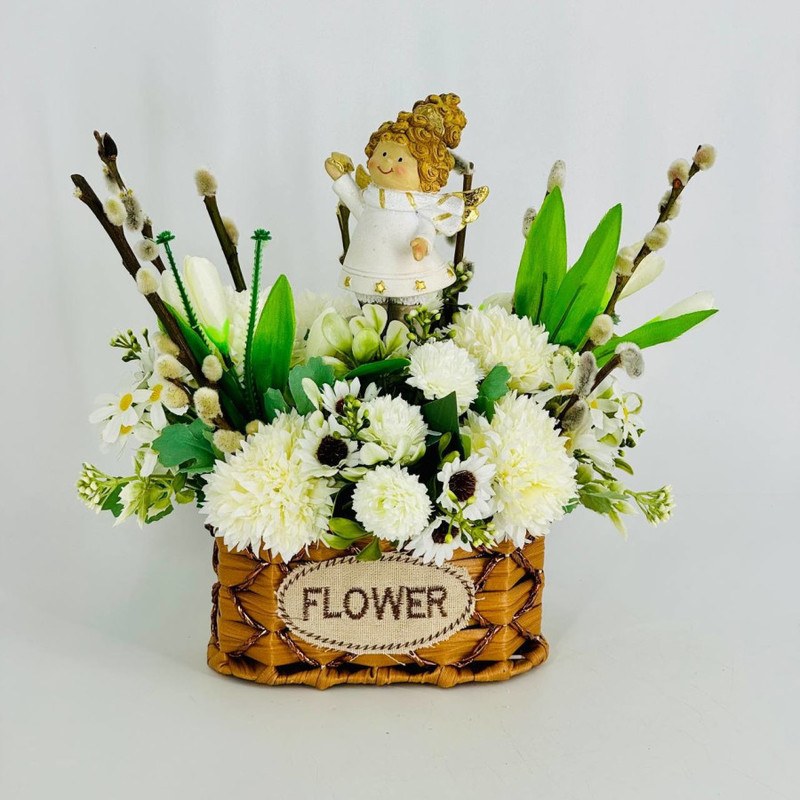 Interior composition of artificial flowers with willow and angel, standart