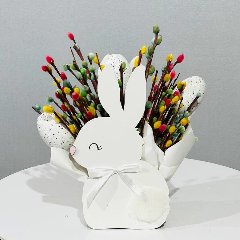 Bouquet of multi-colored willow in a cache-pot Easter Bunny, standart