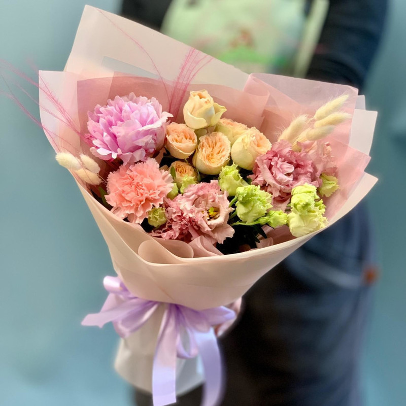 Delicate bouquet-compliment with peony, standart